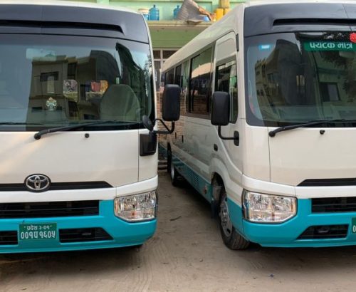 Toyota Coaster rental in Kathmandu, Nepal for comfortable group travel and tours.