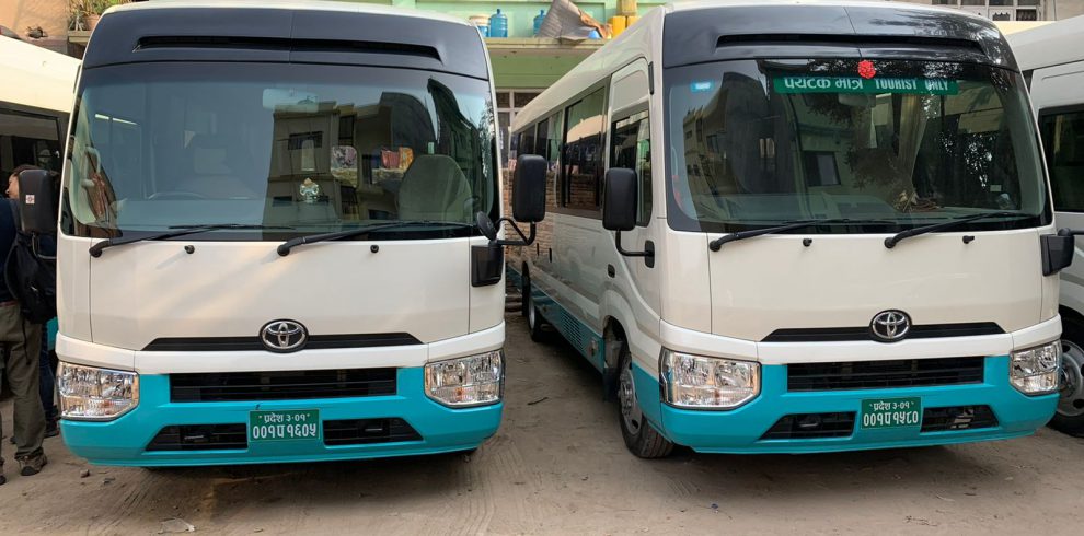 Toyota Coaster rental in Kathmandu, Nepal for comfortable group travel and tours.