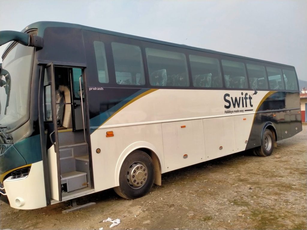 Comfortable reclining seats inside Kathmandu to Chitwan Swift Volvo bus.