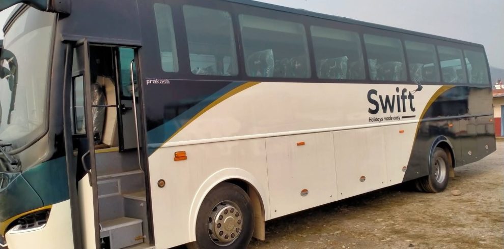 Comfortable reclining seats inside Kathmandu to Chitwan Swift Volvo bus.