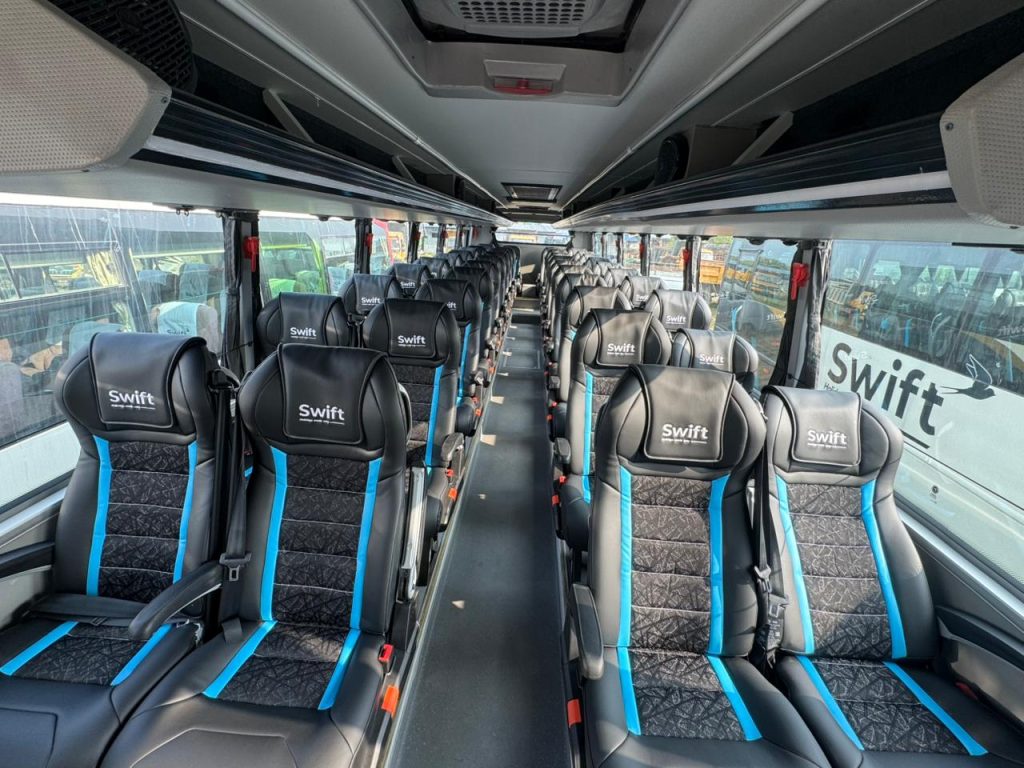 Kathmandu to Pokhara Swift Volvo bus parked at the terminal